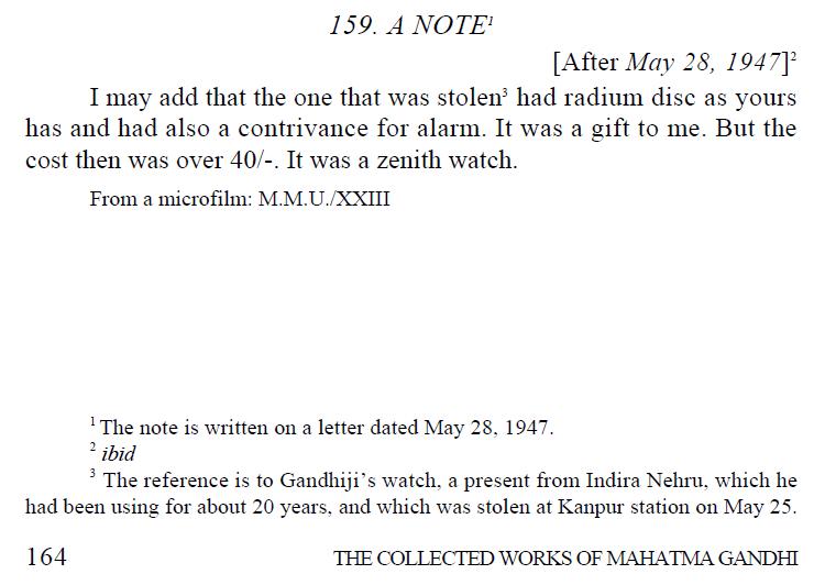 Excerpt from "The Collected Works of Mahatma Gandhi" with Gandhi's descrption of the Zenith Pocketwatch.