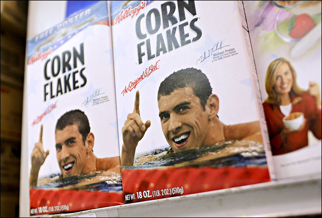 Kellogg's Corn Flakes box featuring Michael Phelps.  Photo Daniel Acker/Bloomberg News