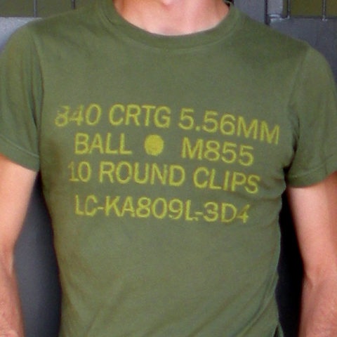 M855 Design T-shirt with stenciled print inspired by ammo can markings.  Genius.